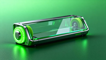 3D rendering of a battery charger on a green reflective background.の素材