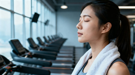 Portrait of young asian woman running on treadmill in fitness clubの素材