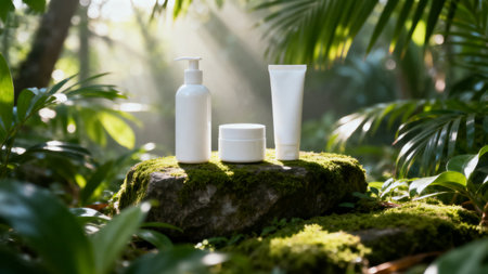 Cosmetic bottles on stone in green tropical garden. Beauty and health care concept.の素材