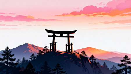 Landscape with torii gate on top of the mountain at sunsetの素材