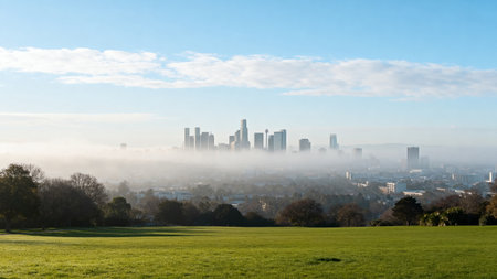 View of the city of Frankfurt am Main with fog in the morningの素材