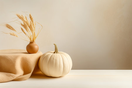 Autumn still life with pumpkins and dried spikelets on a light backgroundの写真素材