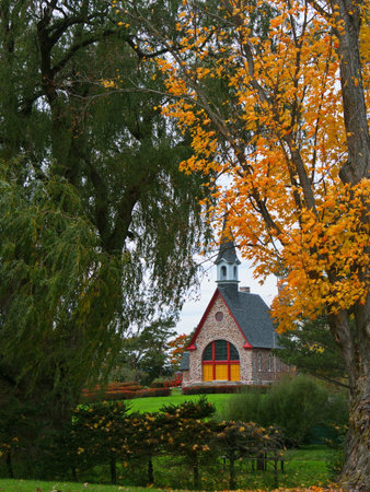 Old church in the autumn park with yellow trees and green grass.の写真素材