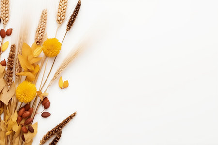 top view of wheat, flowers and seeds on white backgroundの写真素材