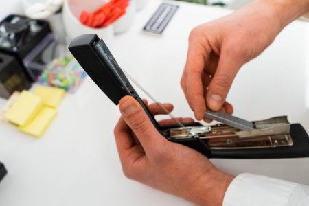 Closeup of a man's hands using a stapler in a shop
