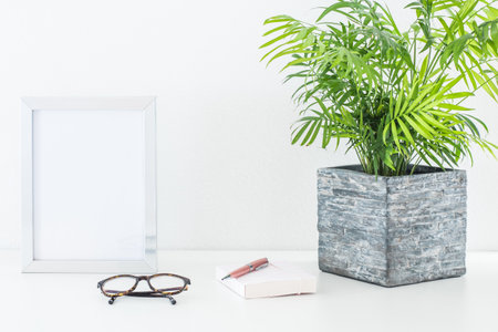 White office desk table with book, eyeglasses and plant.