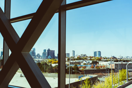 View of the city from the window of a modern office building.