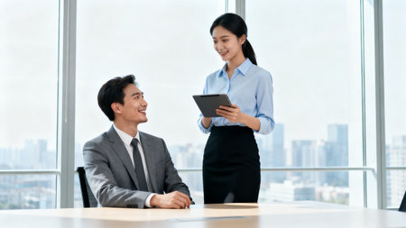 Businessman and businesswoman are using digital tablet in meeting room.の素材