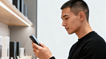 Young asian man using smart phone at home office. Education and technology concept.の素材