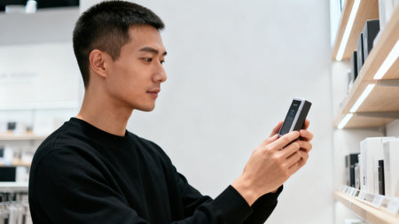 young asian man using mobile phone in shopping mall. lifestyle people conceptの素材