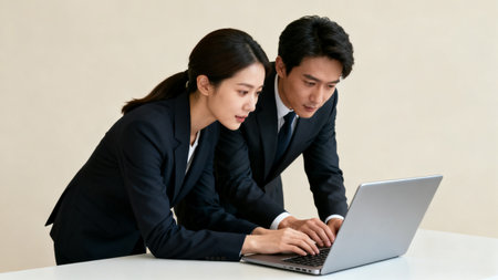 Two business people working on laptop computer in office. Asian people.の素材