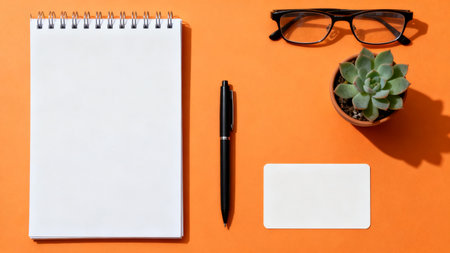 Flat lay, top view office desk table with blank notepad, pen, glasses, succulent plant and copy space on orange backgroundの素材