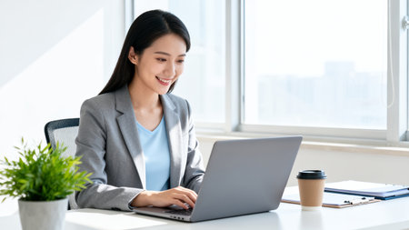 smiling businesswoman using laptop at workplace with coffee cup in officeの素材