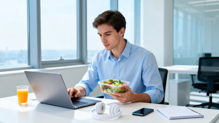 young businessman eating salad while using laptop in modern office during lunch breakの素材