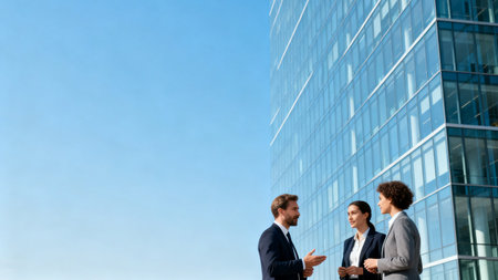 Business people talking on the background of modern office building. Business concept.の素材