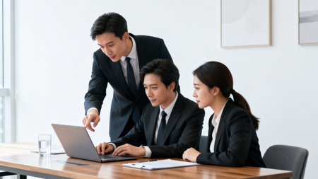 Businessman and businesswoman working together with laptop in meeting room.の素材