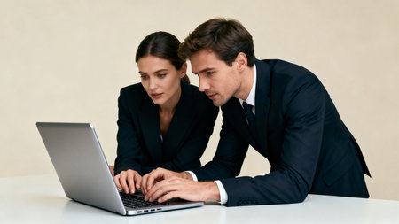 Businessman and businesswoman working together on laptop at office desk.の素材