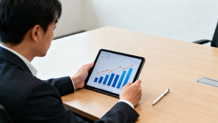 Businessman analyzing investment charts with digital tablet. Accounting and financial concept.の素材