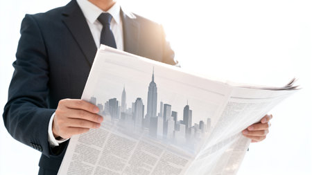 Businessman reading newspaper with cityscape background, business and investment conceptの素材