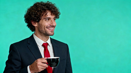 Portrait of a young businessman with a cup of coffee on a green backgroundの素材