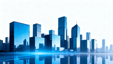 Modern cityscape with reflection on water surface. 3D Renderingの素材
