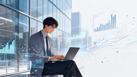 Businessman using laptop in modern office with double exposure of graphs and chartsの素材