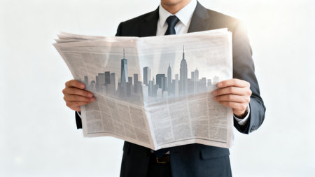 Businessman holding newspaper with cityscape background. Business and finance concept.の素材