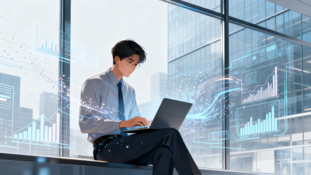 Businessman using laptop in modern office with double exposure of financial graph.の素材