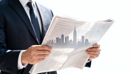 Businessman reading newspaper with cityscape on the background, closeupの素材
