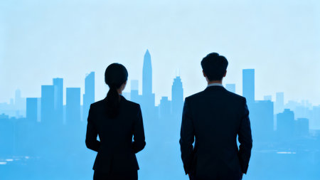 Businessman and businesswoman standing back to back with cityscape backgroundの素材