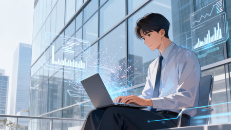 Portrait of young businessman using laptop in office. Toned image double exposureの素材
