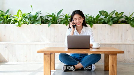 Young asian woman sitting on the floor with laptop and talking on the phone.の素材