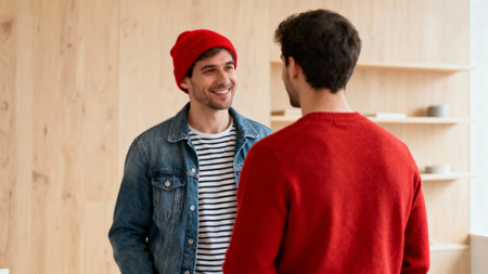 Two young men in casual clothes talking and smiling while standing in front of wooden wallの素材