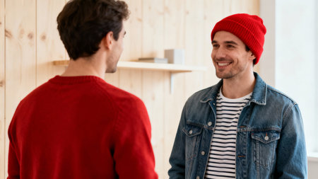 Two young men talking and laughing in the cafe. Two men in a red hat.の素材