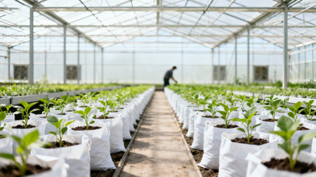Organic hydroponic farm with young seedling in plastic potsの素材