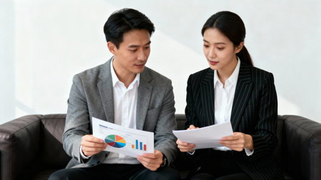 businessman and businesswoman discussing financial data in office. asianの素材