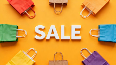 Top view of colorful shopping bags with sale word on yellow background.の素材