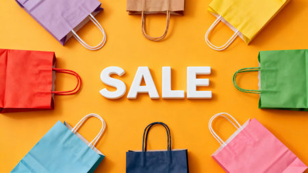 Colorful shopping bags with sale text on yellow background, top viewの素材