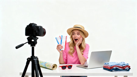Travel blogger recording video for blog. Young woman in hat and sunglasses sitting at table with laptop and holding tickets.の素材