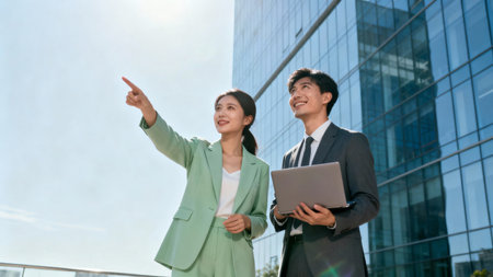 Businesswoman and businessman use laptop in the city. Business concept.の素材