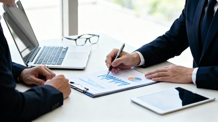 Businessman analyzing investment charts with laptop computer. Business and finance concept.の素材