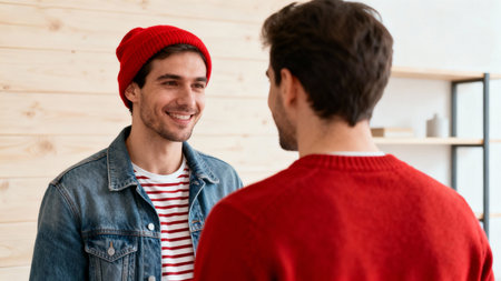 portrait of smiling young man in red hat and jeans jacket looking at each otherの素材