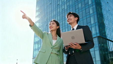 businessman and businesswoman working with laptop and pointing at the cityの素材