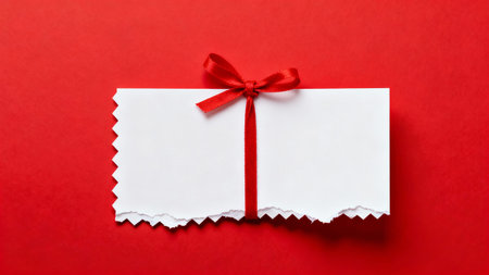 Gift card with red bow on red background. Copy space.の素材