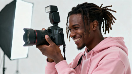 african american photographer with camera on tripod and looking at cameraの素材