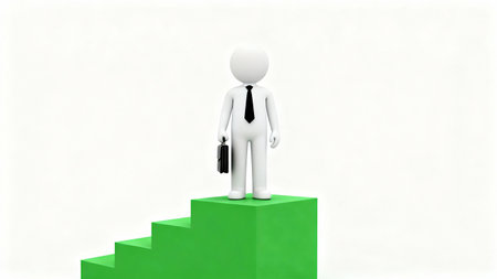 3d man with briefcase standing on green stairs. Business conceptの素材