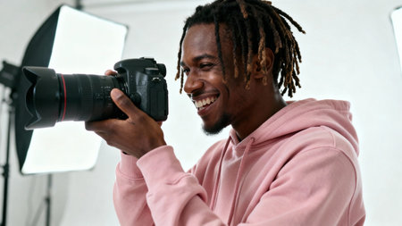 african american photographer with camera working in studio. young man making photo for his blogの素材