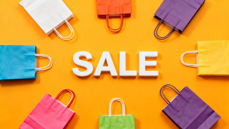 Sale text with shopping bags on yellow background. Top view.の素材