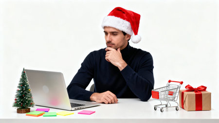 Man in christmas hat using laptop and shopping cart on white backgroundの素材