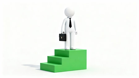 3d business man standing on the top of a green stairs with briefcaseの素材